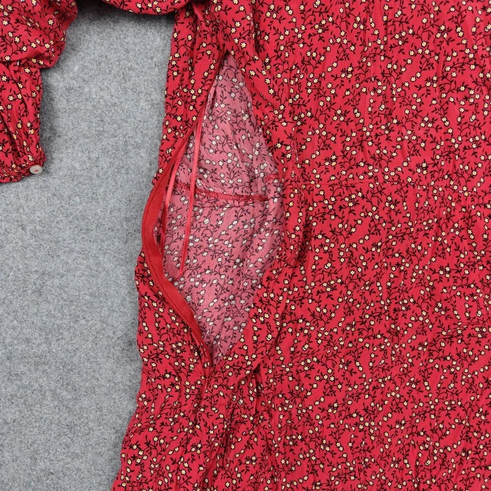 Free People Dress Womens Large Red‎ Floral Wrap Ruffle Mini V Neck Puff Sleeve